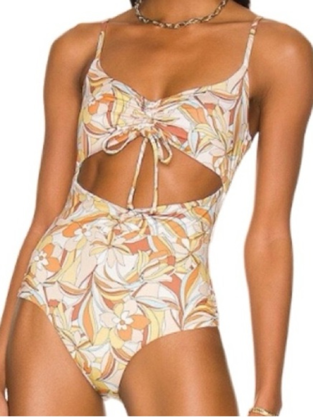 Hurley Floral Cutout One-Piece Swimsuit in Cream Peach & Yellow